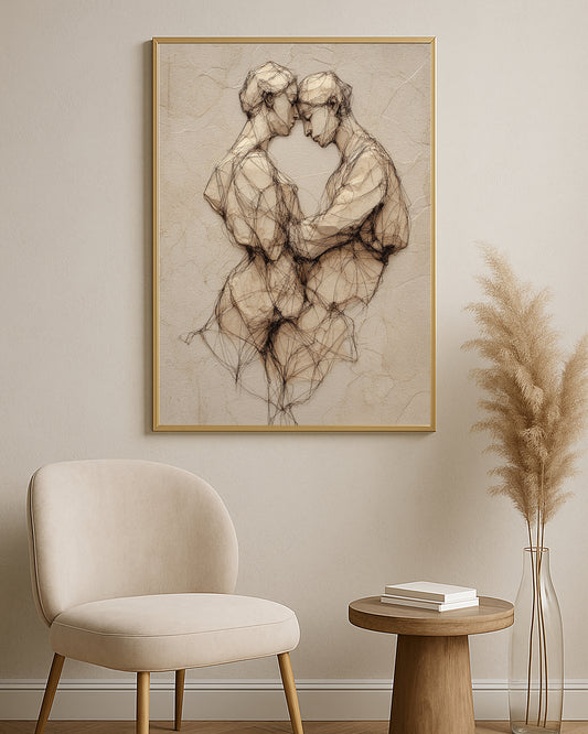 Romantic neutral wall art with two abstract figures formed from dark expressive lines and soft brown shading.