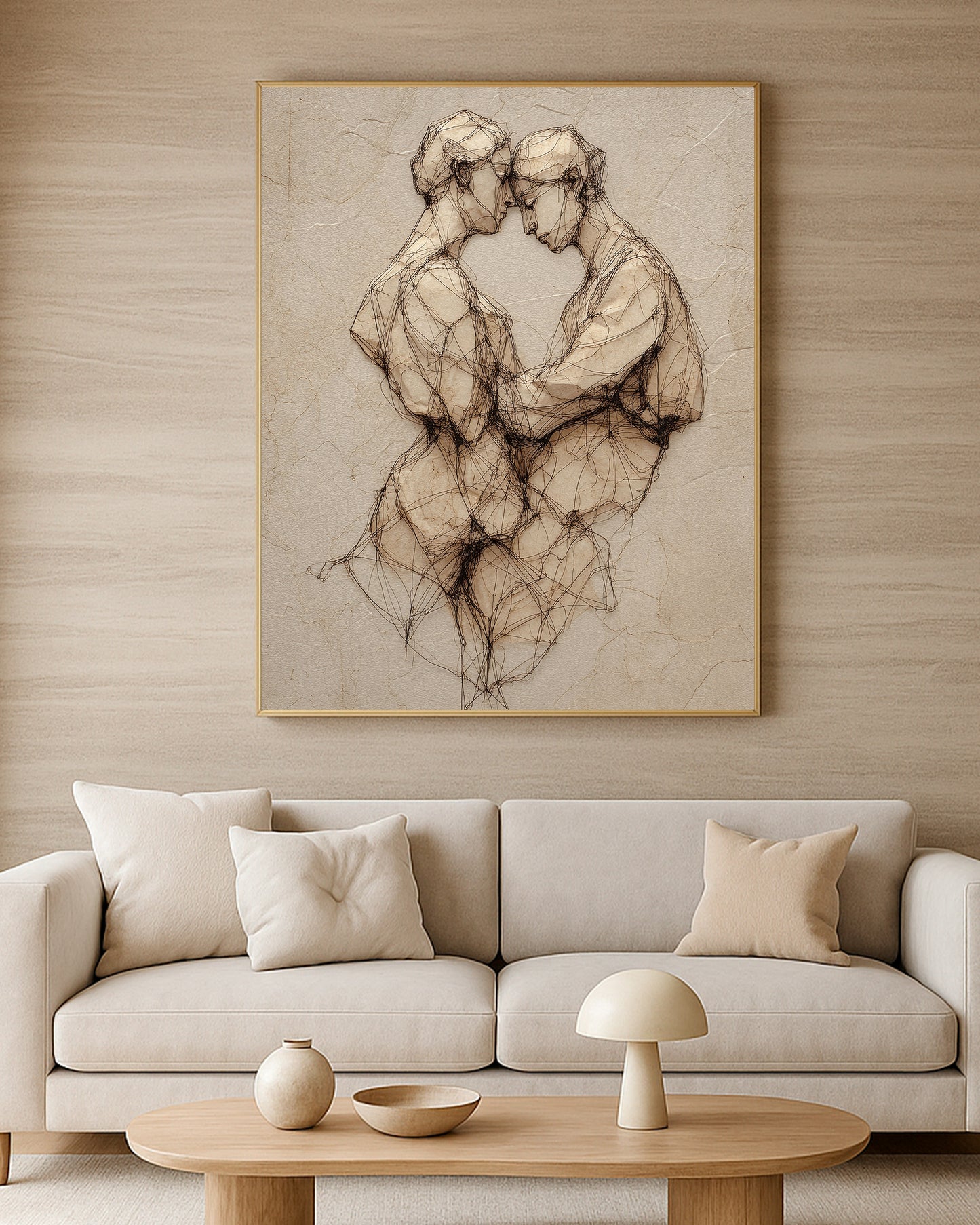 Minimal couple embrace artwork with beige plaster texture, brown shadows, and expressive sketch-style outlines.
