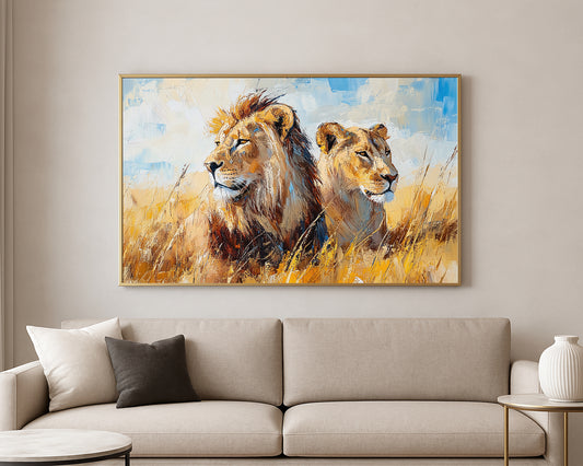 Textured wildlife artwork featuring a lion and lioness beneath a soft blue sky in warm earthy tones