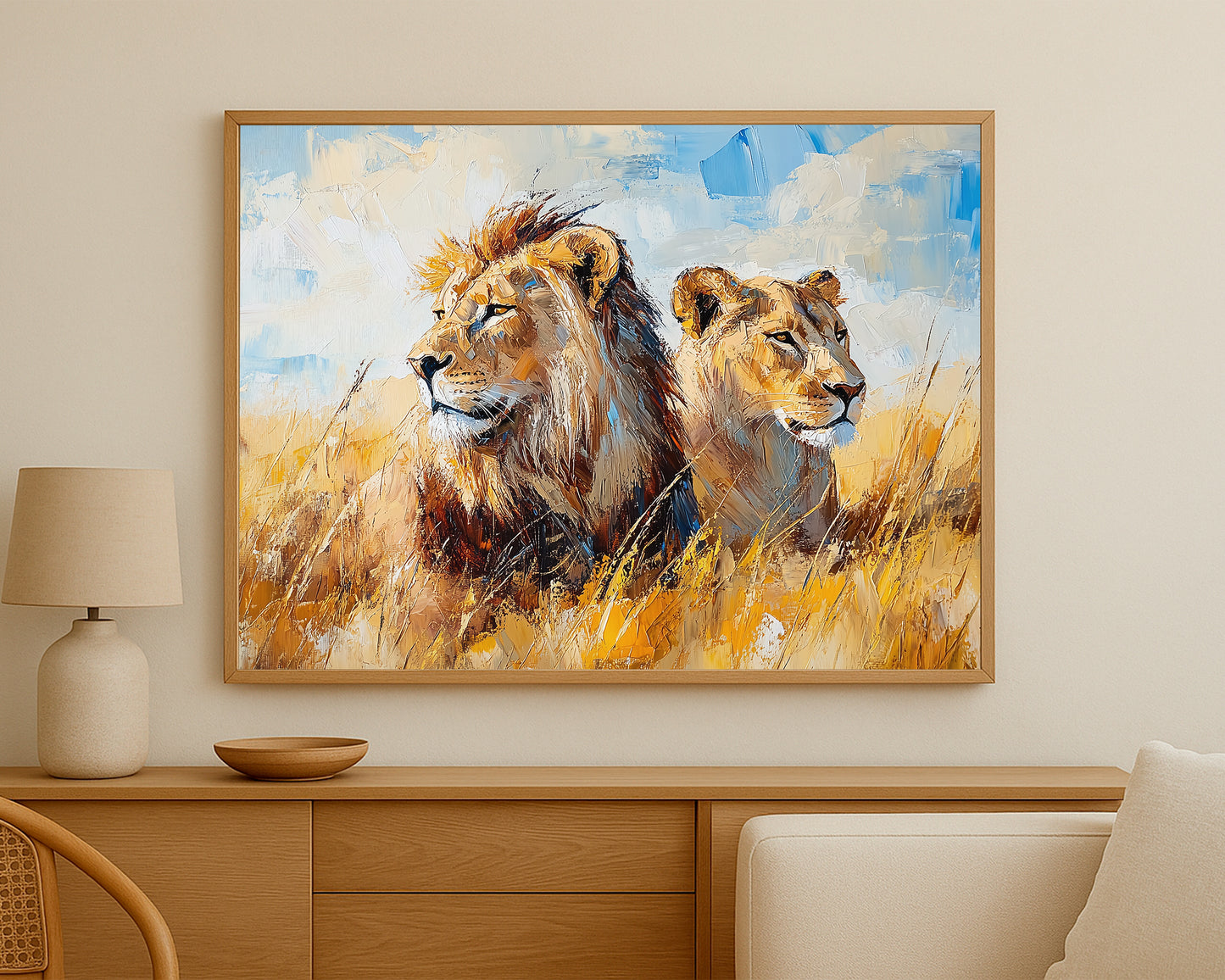Nature-inspired lion artwork with warm ochre tones, textured detail, and a serene wildlife composition
