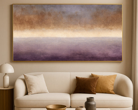 Wide moody abstract artwork featuring soft plum lower tones, gold highlights, and muted gray upper layers.