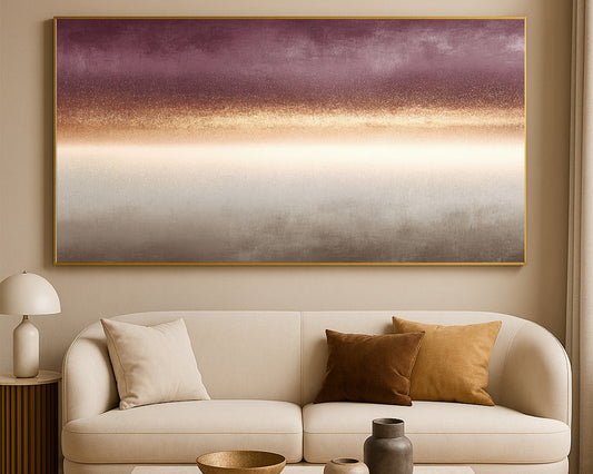 Panoramic abstract print featuring a glowing gold center band, soft neutrals, and warm burgundy texture.