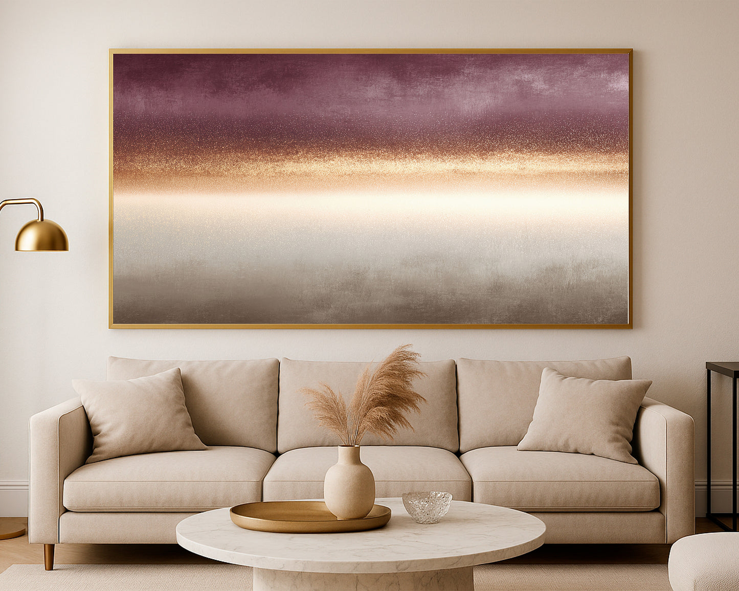 Modern panoramic abstract artwork with warm neutral bands and soft atmospheric gold texture.