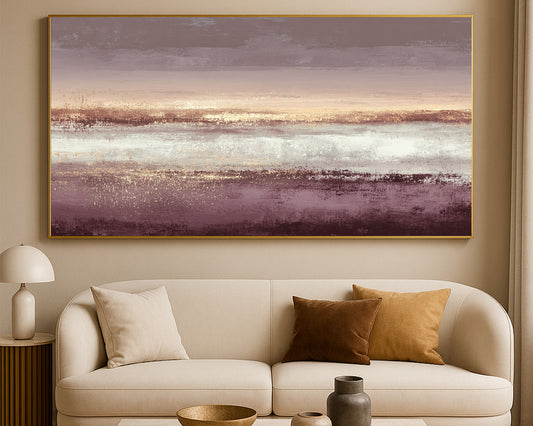 Wide abstract artwork featuring soft mauve bands, warm gold speckles, cream highlights, and taupe tones.
