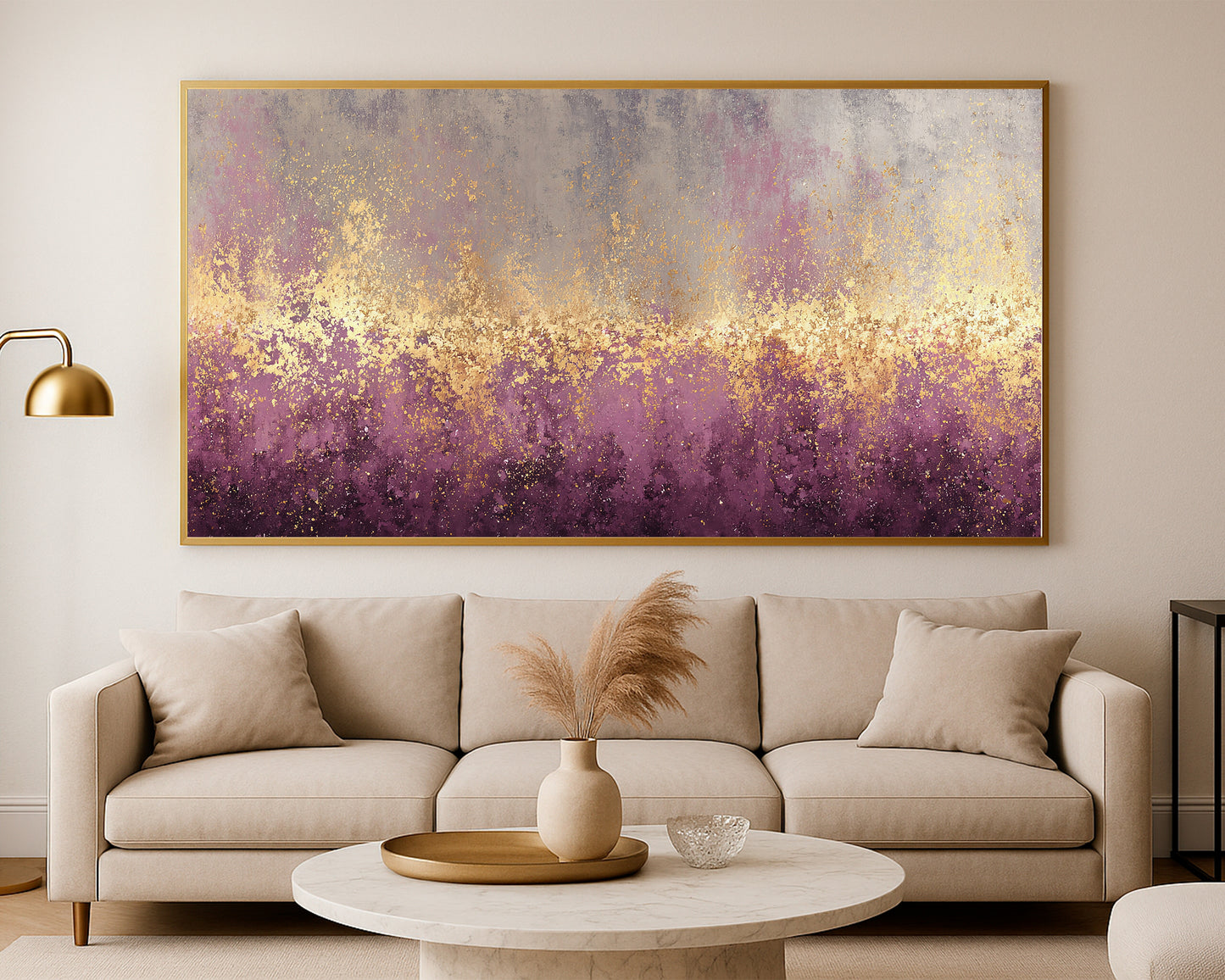 Modern panoramic abstract artwork with gray, taupe, plum, cream, and gold atmospheric texture.