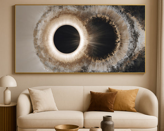 Modern celestial abstract print with dual dark circles, glowing neutral rings, and crystalline gold, gray, and cream textures