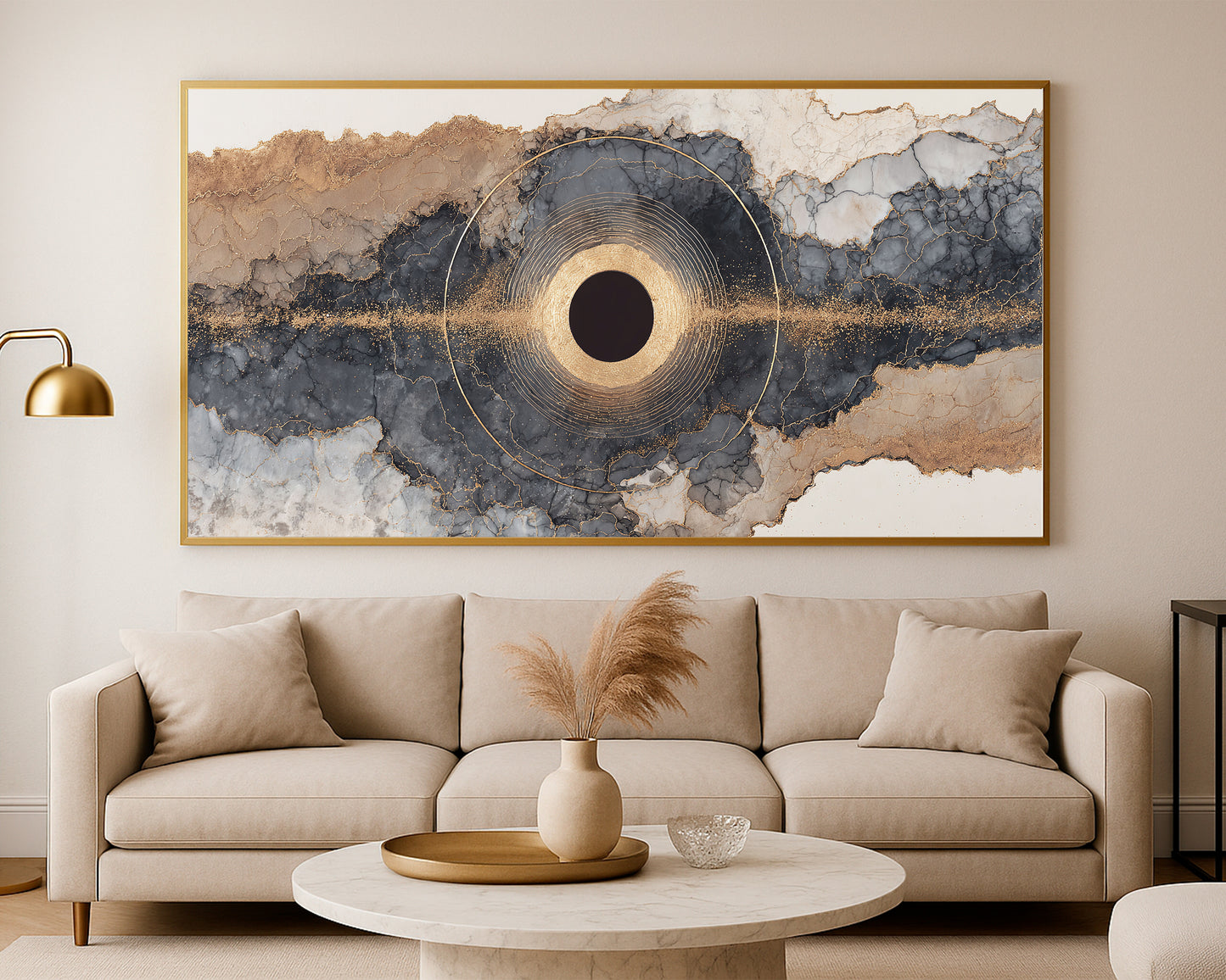 Statement panoramic wall art featuring an eclipse-like center, shimmering gold accents, and layered geode textures in elegant neutral tones