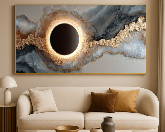 Modern luxury abstract print featuring a dark circular center surrounded by geode-inspired bands of beige, gray, black, and gold
