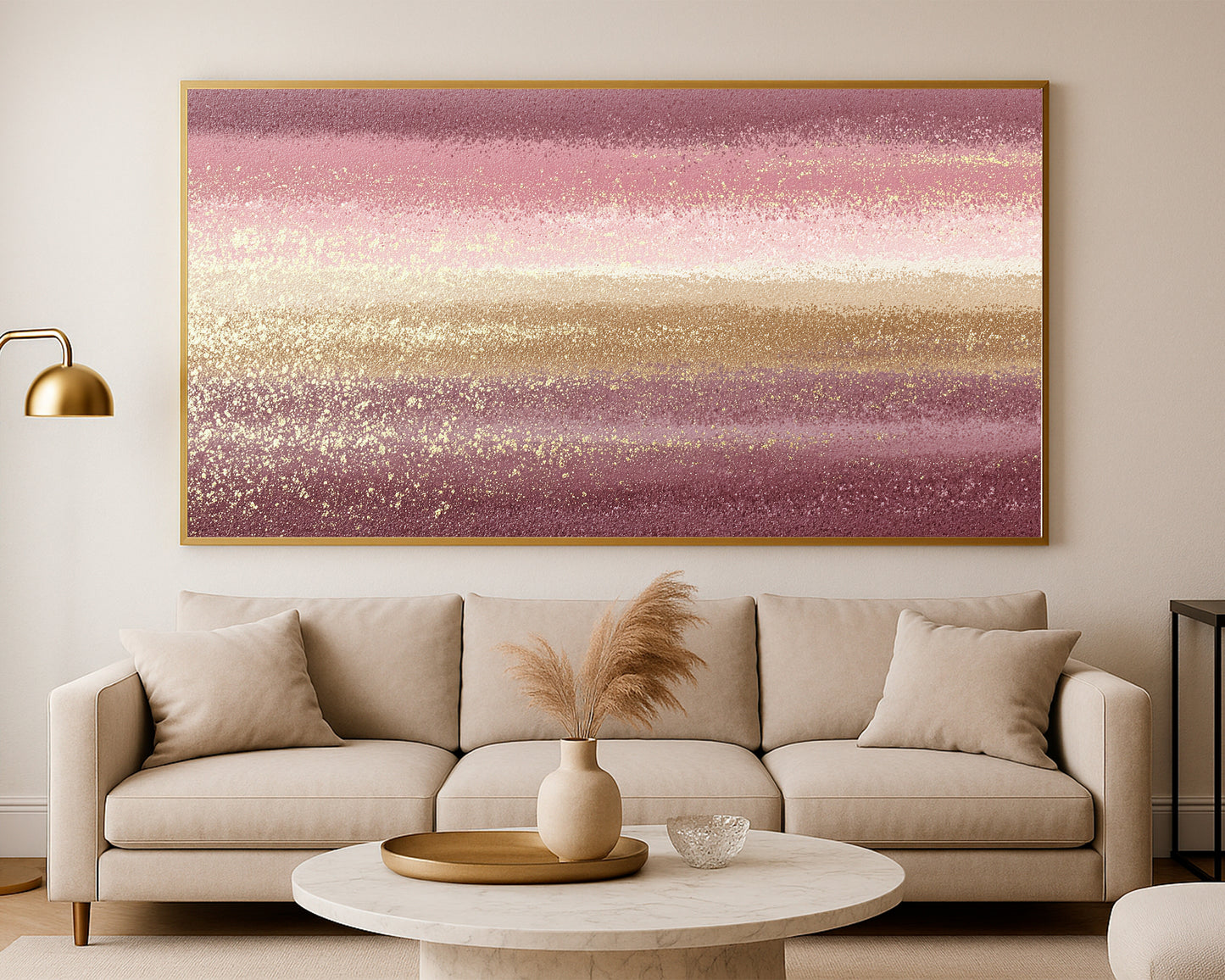 Soft pink panoramic abstract artwork with luminous gold accents and textured horizontal color fields.