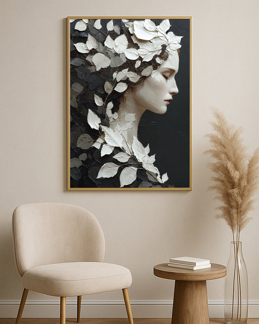 Serene female portrait print showing a side profile surrounded by white botanical leaves and dark neutral tones.