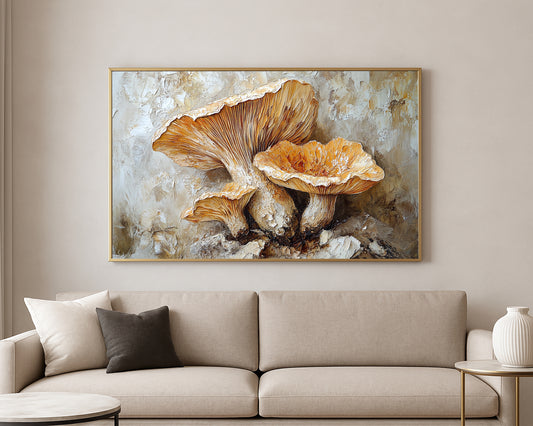 Close-up mushroom artwork with warm cream and tan tones, sculpted texture, and earthy natural detailing.