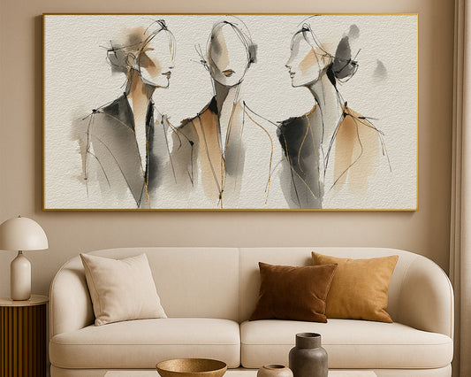 Neutral abstract figure artwork showing three feminine silhouettes with loose linework and soft watercolor washes.