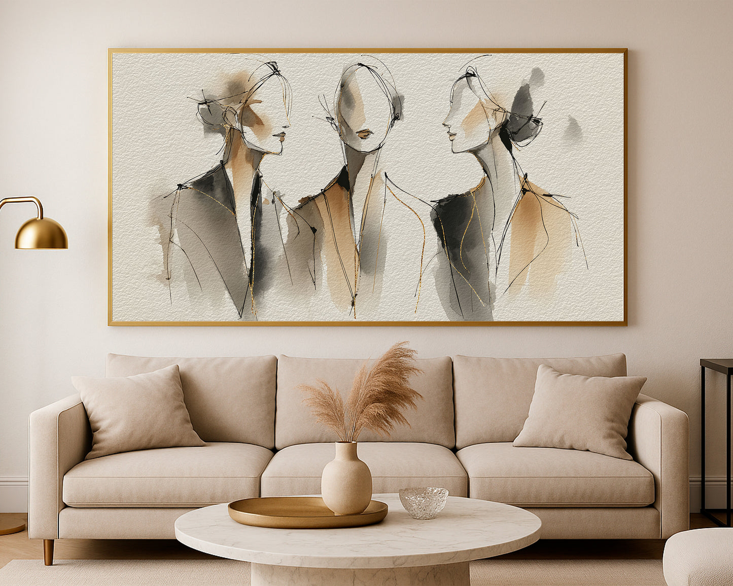 Soft neutral wall art with three abstract feminine forms, delicate black lines, and subtle gold accents.