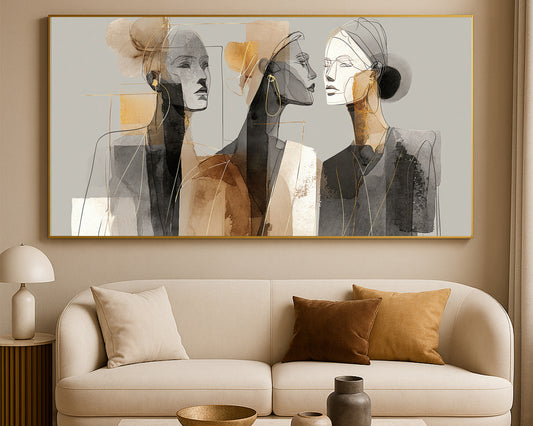 Abstract feminine portrait artwork featuring three elegant faces with neutral watercolor textures and gold details.