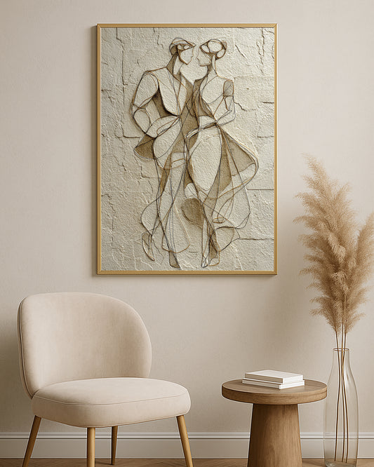 Romantic fine line couple artwork with black and gold lines over soft taupe plaster texture.