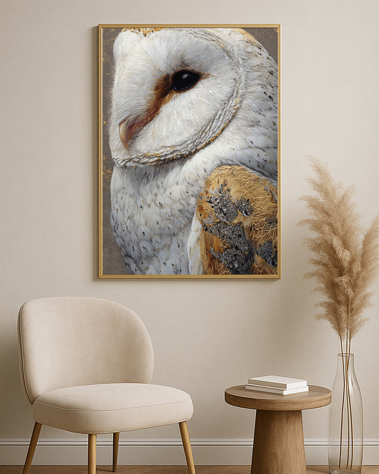 Detailed owl portrait artwork featuring soft white feathers, warm brown markings, and refined metallic gold texture.