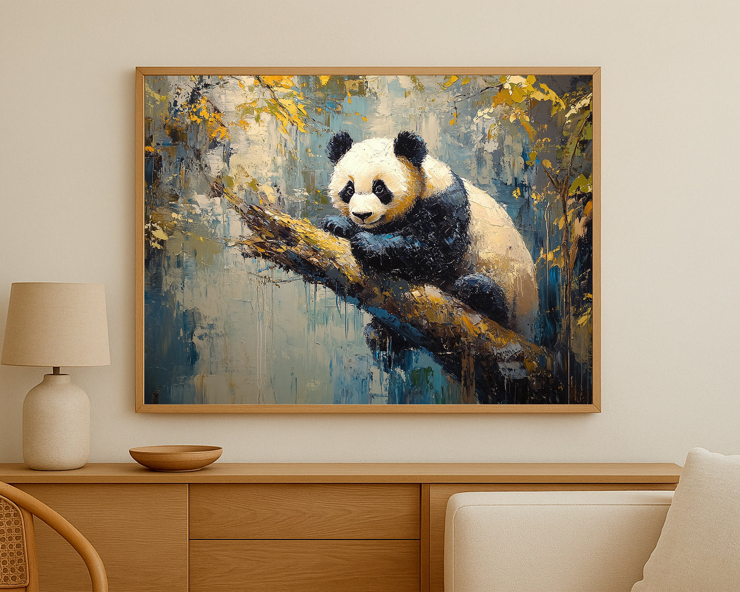 Abstract panda wall art for nursery or living room in blue and gold tones
