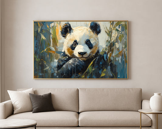 Front-facing panda artwork with soft bamboo foliage in blue, green, cream, and black tones