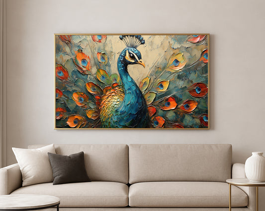 Modern peacock artwork featuring layered brushstrokes in blue, green, orange, and cream tones