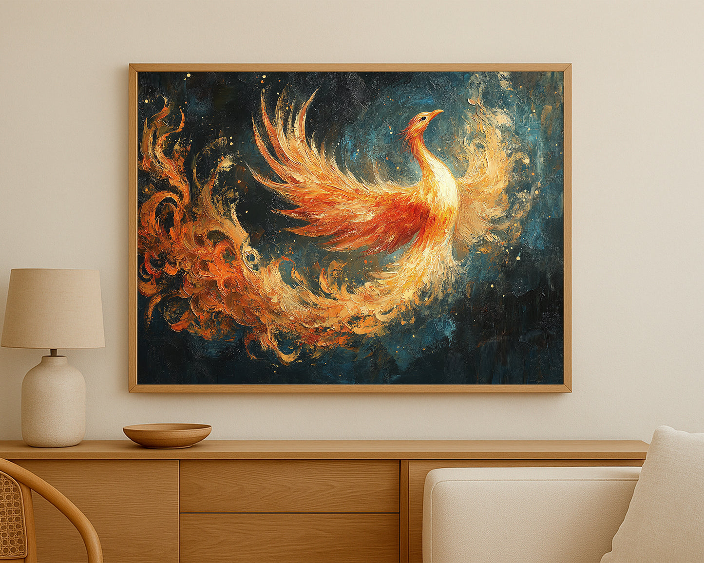 Textured phoenix artwork with vibrant fiery plumage and a powerful statement composition