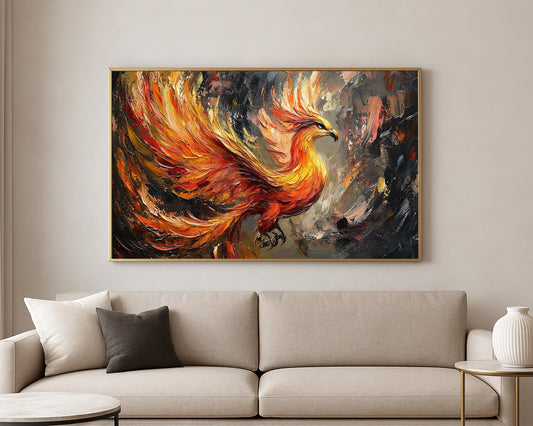 Dramatic phoenix artwork featuring sweeping flame-like wings in orange, amber, and gold tones