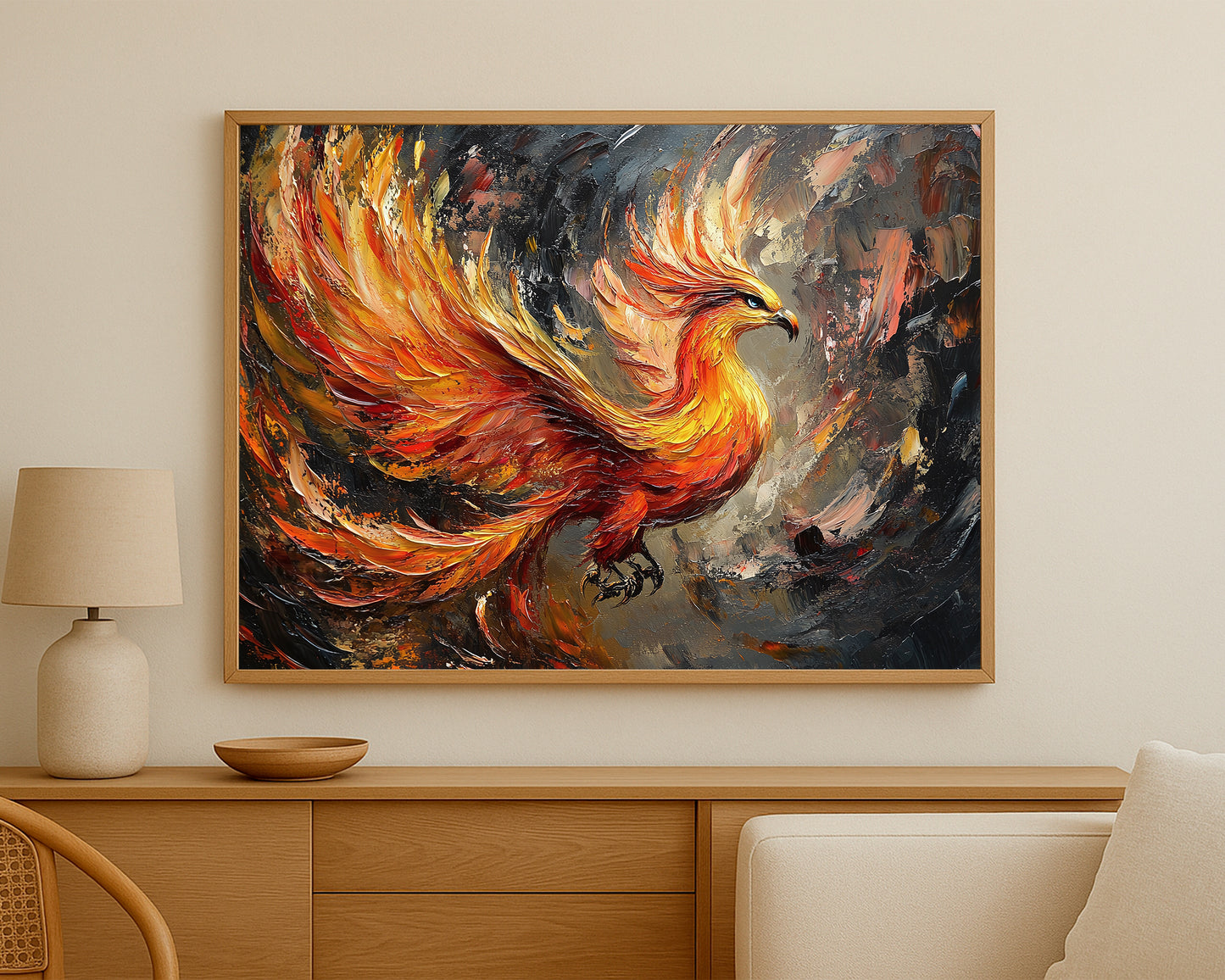 Modern phoenix wall decor with powerful fiery plumage and a dark dramatic composition
