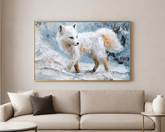 Textured winter wildlife artwork featuring a white fox in a soft icy painted setting