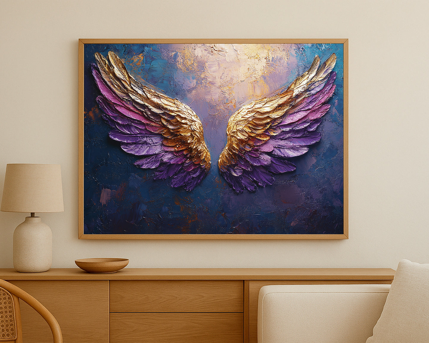 Angel wings art print with layered violet feathers, golden highlights, and a richly textured moody backdrop.