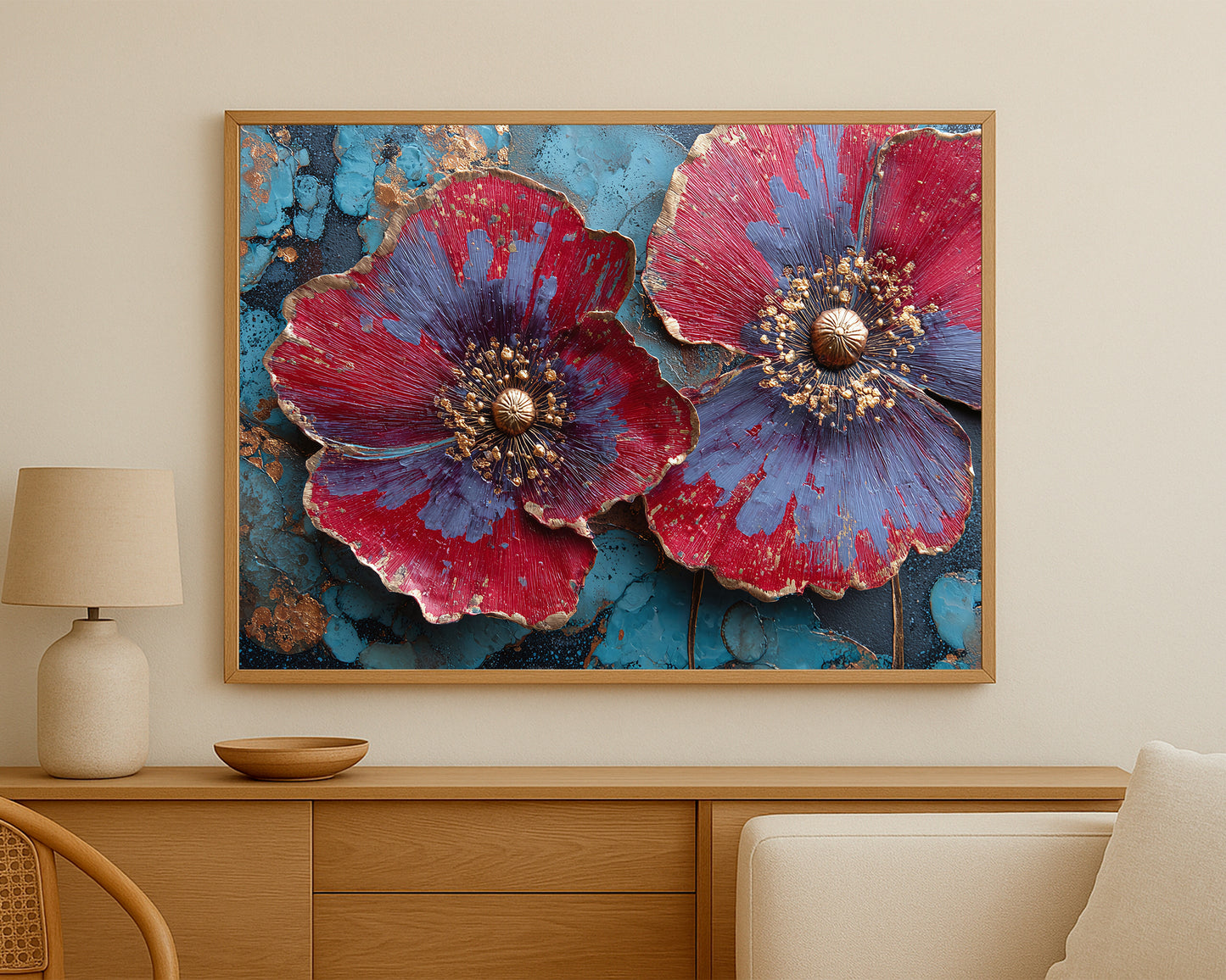 Elegant double flower composition with red petals, soft violet highlights, and raised gold centers set against a moody turquoise and bronze surface.
