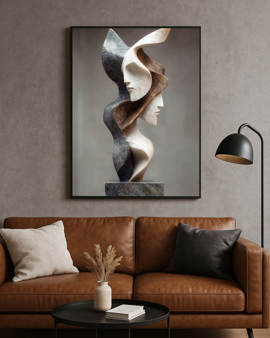 Modern sculptural artwork featuring layered carved faces with flowing curves on a neutral background