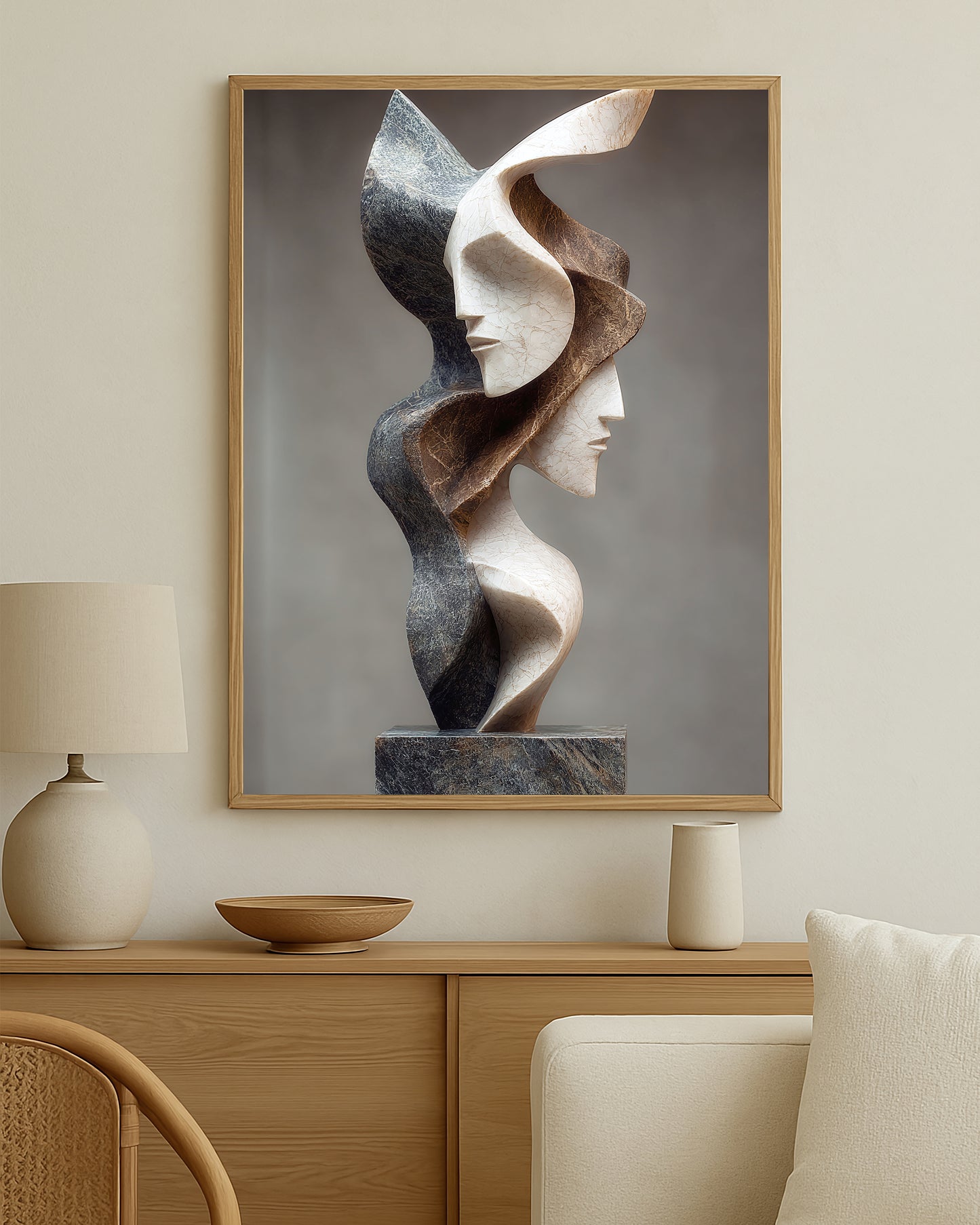 Neutral abstract face artwork with elegant carved textures and a refined gallery-style composition