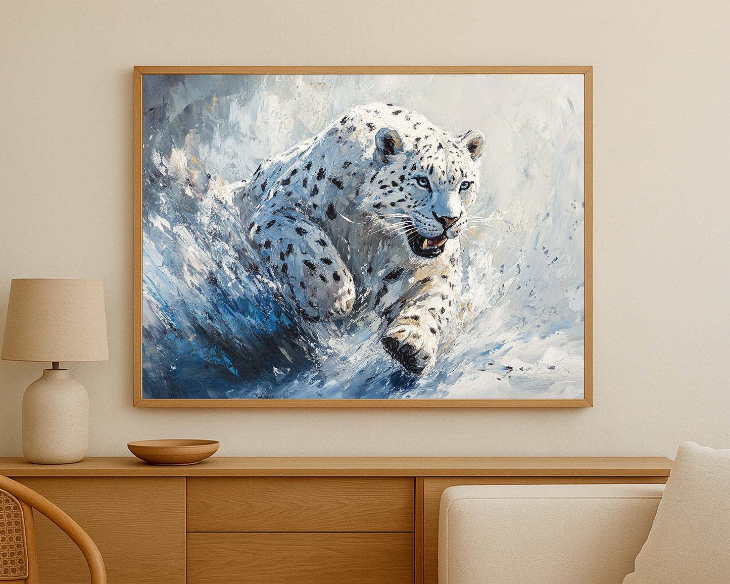 Big cat wall decor with a snow leopard portrait in motion against a crisp blue abstract background