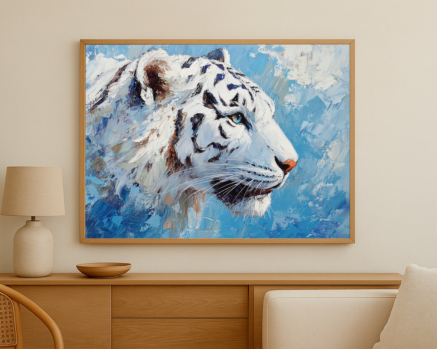 Big cat wall decor with a snow leopard portrait in a crisp blue and white abstract setting