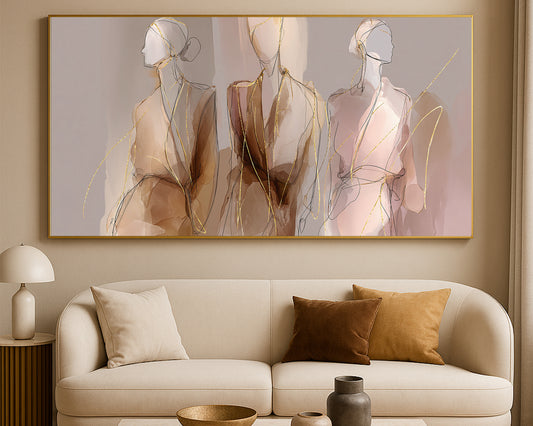 Elegant abstract female figure wall art with translucent watercolor layers and delicate gold line accents.