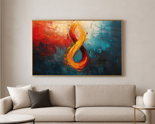Textured abstract artwork featuring a flowing orange and red symbol-like shape with deep blue contrast