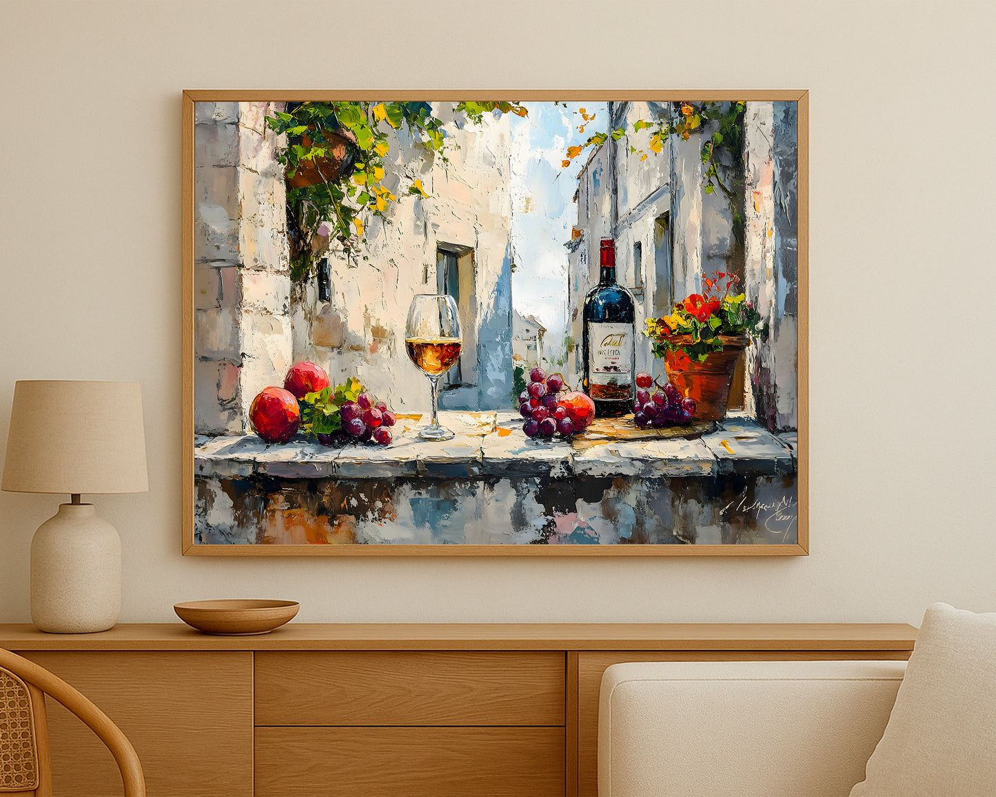 Mediterranean-inspired still life artwork with expressive brushwork, warm colors, and a refined wine setting