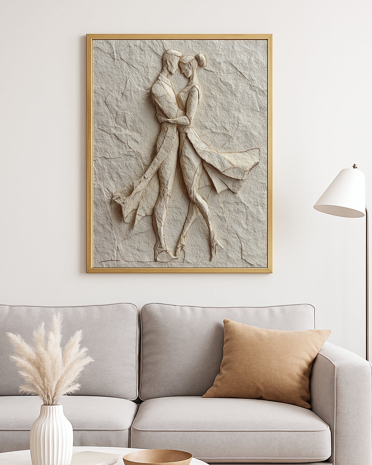 Textured love artwork showing a couple close together on a cracked plaster neutral background.
