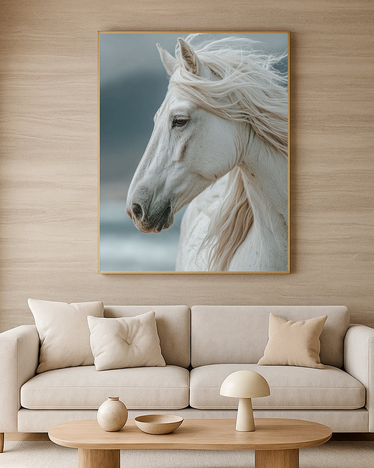 Graceful white horse wall art in pale neutral tones with detailed facial texture and flowing mane.