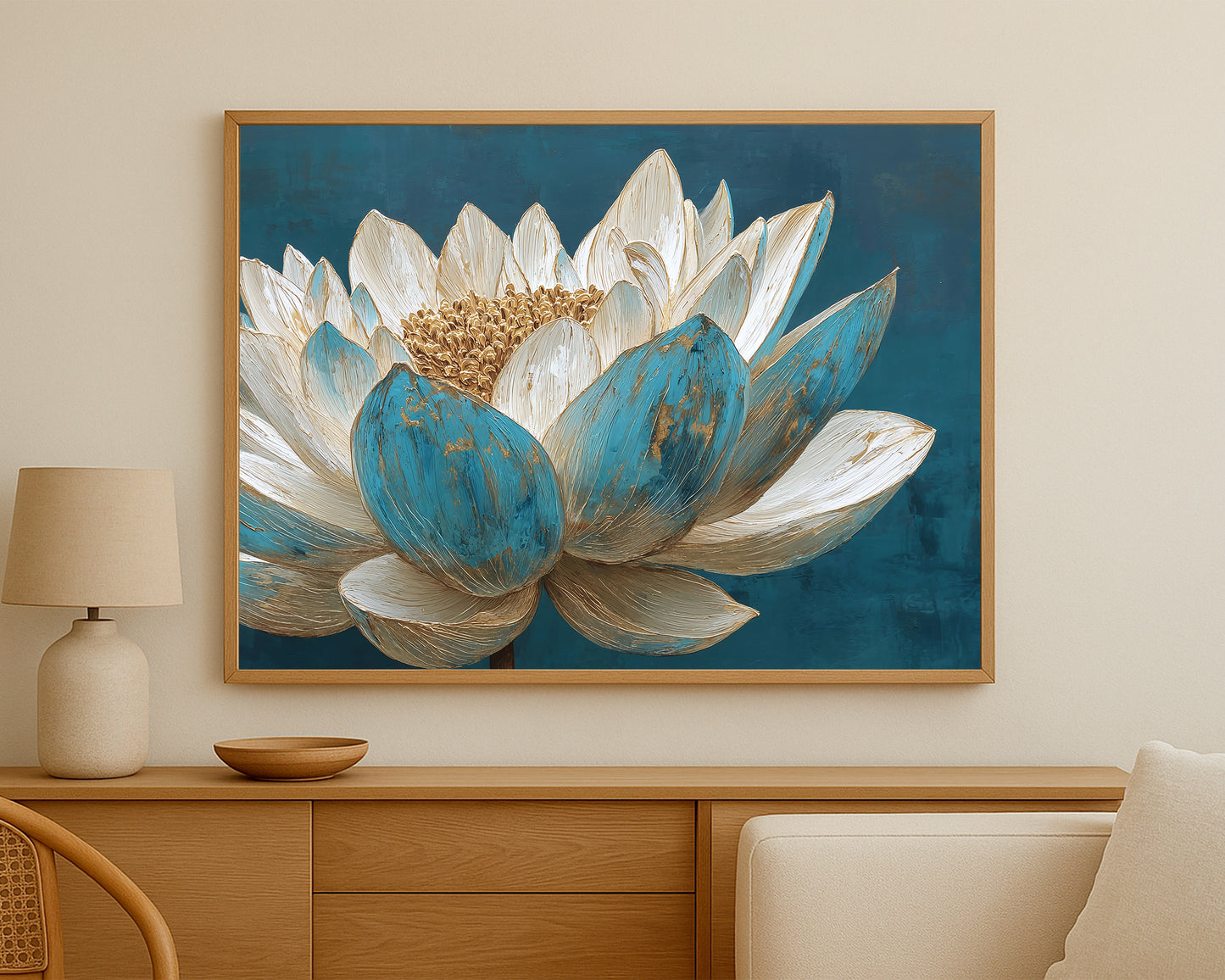 Close-up lotus flower art showing sculpted white and turquoise petals with gold accents on a deep blue textured surface.