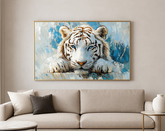 Textured wildlife artwork featuring a white tiger portrait with icy blue eyes and bold dark stripes