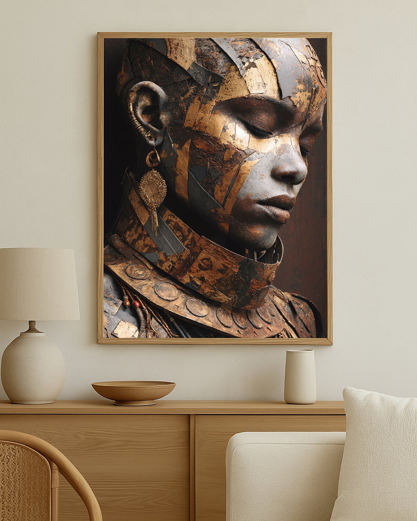Luxury portrait print of a woman with bronze and gold collage textures, closed eyes, and intricate jewelry on a deep moody backdrop.