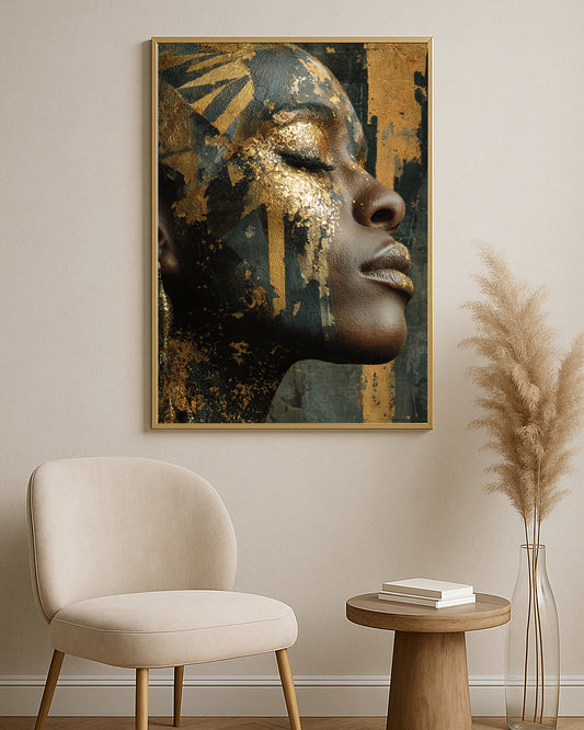 Dramatic side profile woman wall art with black, gold, and dark green tones in a luxury portrait style.