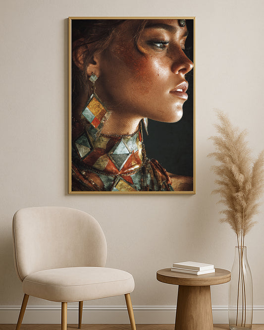 Close-up side profile female artwork featuring golden light, layered jewelry, and textured earthy colors.