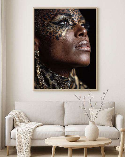 Fashion portrait artwork showing a dramatic female close-up with gold shimmer, animal print makeup, and glossy nude lips against a dark background