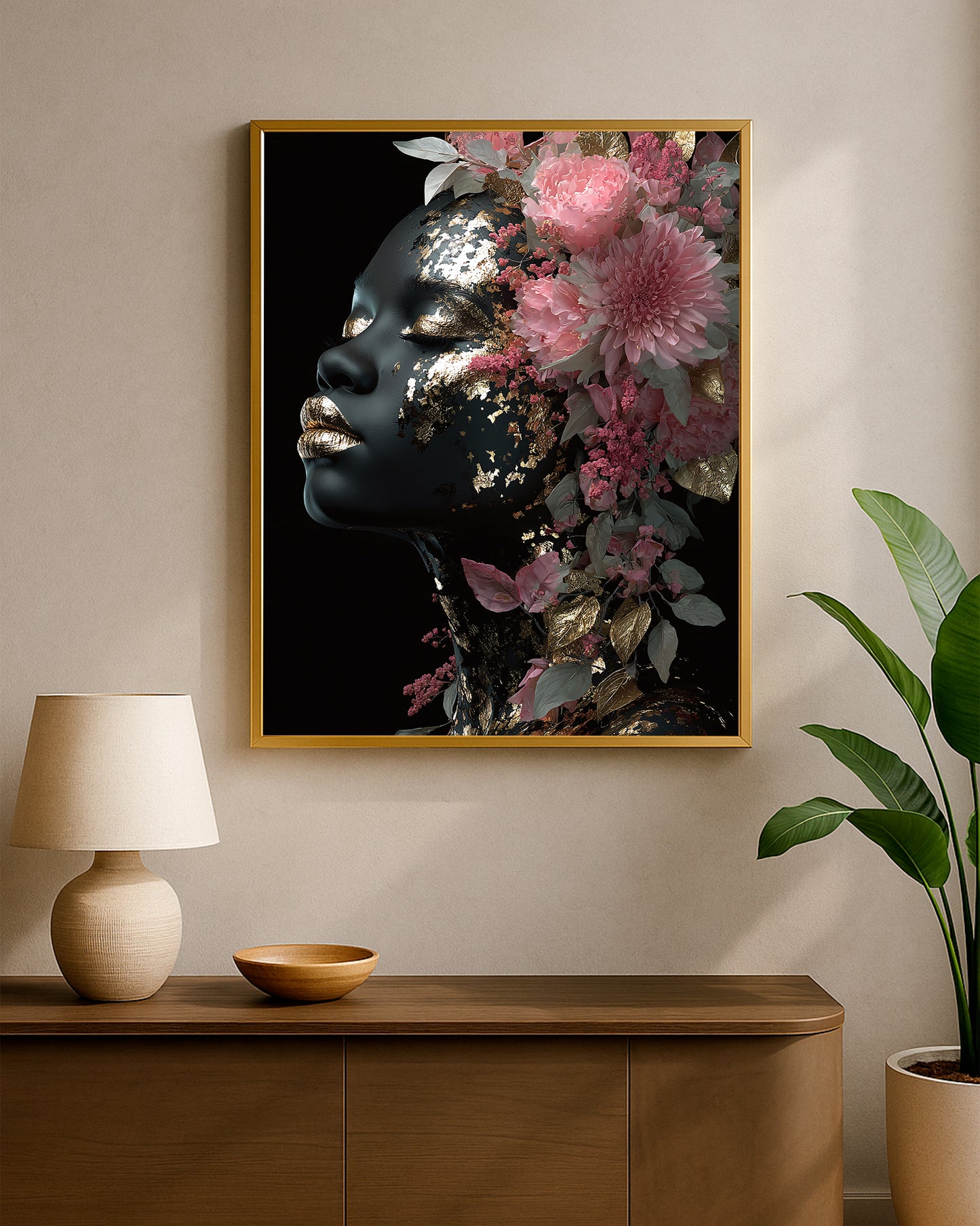 Contemporary portrait print featuring black skin tones, gold leaf texture, and an abundant floral arrangement of pink flowers and muted leaves