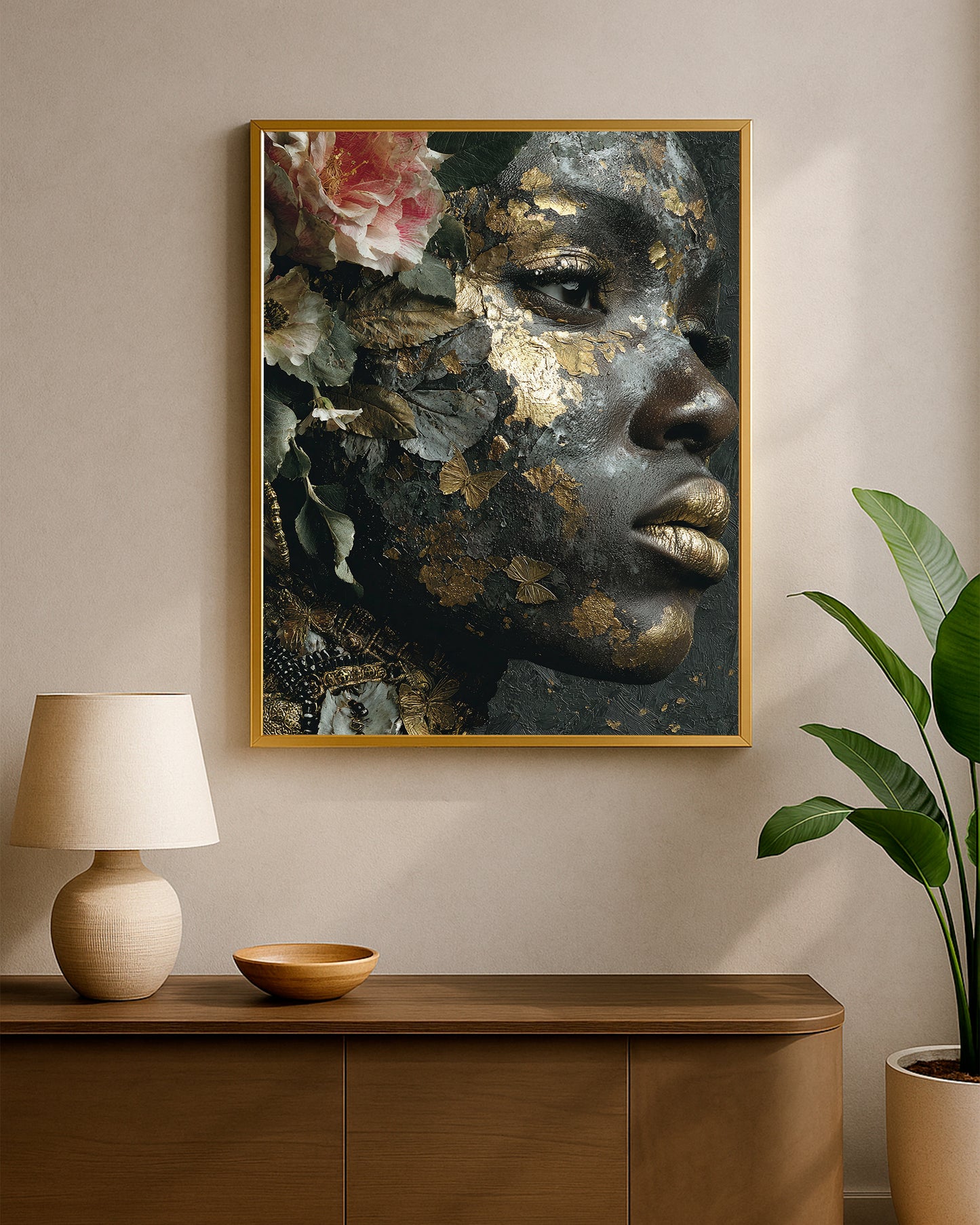 Contemporary portrait decor featuring a woman’s close-up face with gold accents, soft blossoms, and delicate butterfly elements