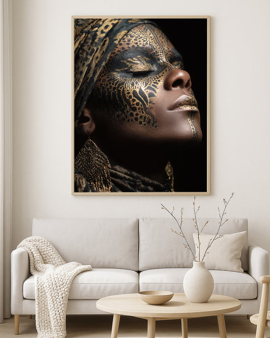 Fashion portrait artwork showing a woman with closed eyes, gold and black leopard pattern makeup, and richly textured accessories