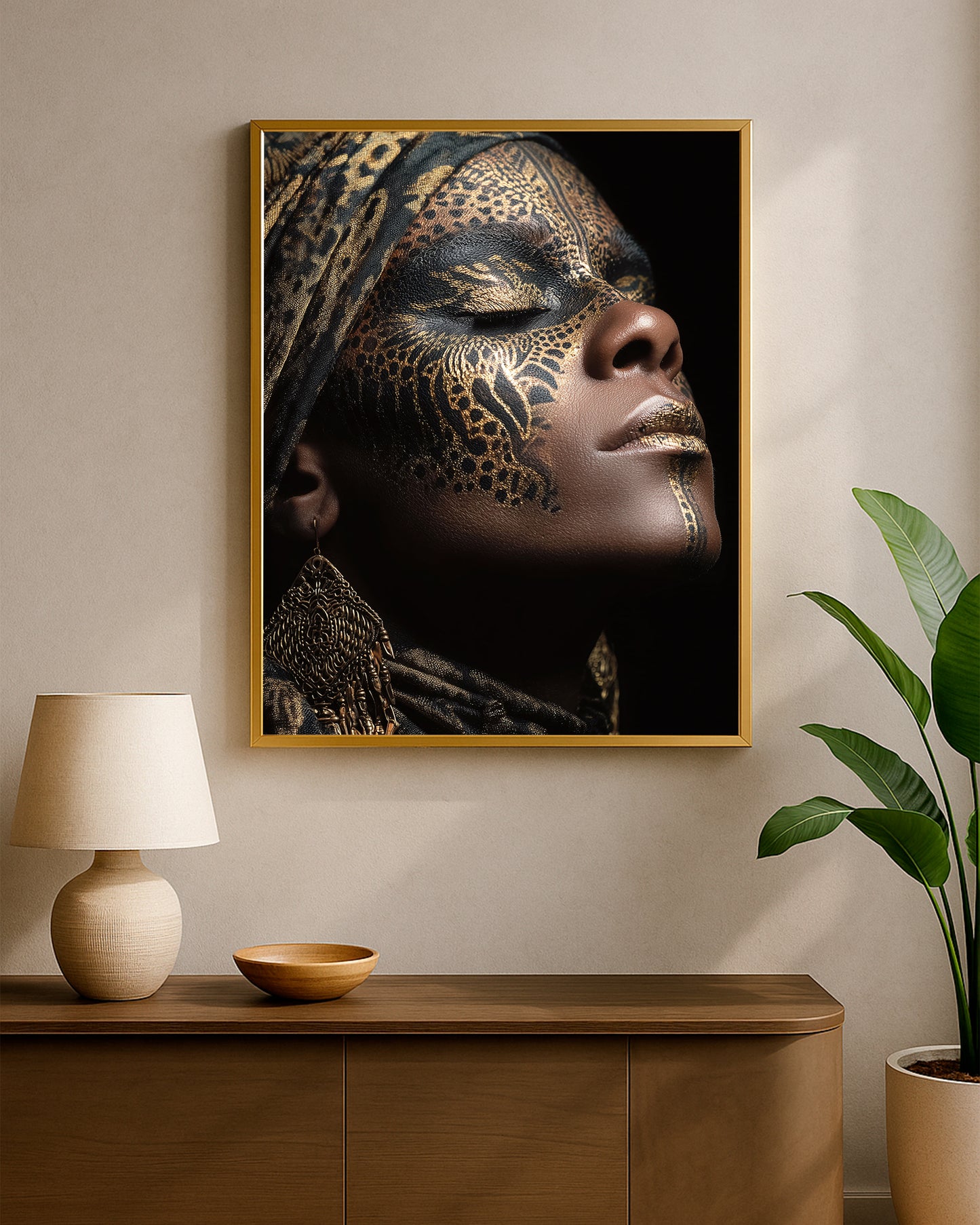 Contemporary glam portrait featuring black and gold leopard face paint, ornate earrings, and a dark dramatic background