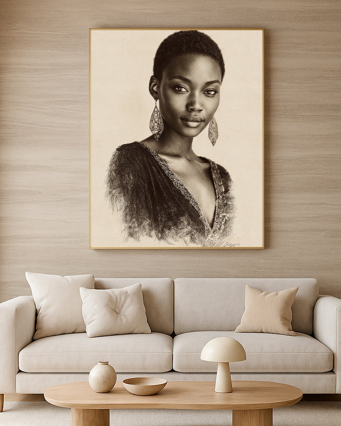 Modern feminine wall art with graceful facial detail, neutral palette, and elegant hand-drawn style