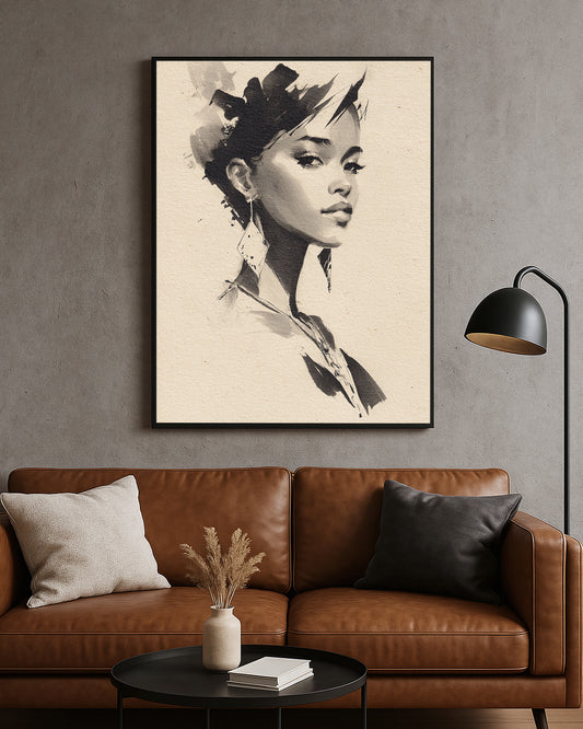 Neutral portrait artwork featuring a poised woman with elegant earrings in monochrome ink-style detail